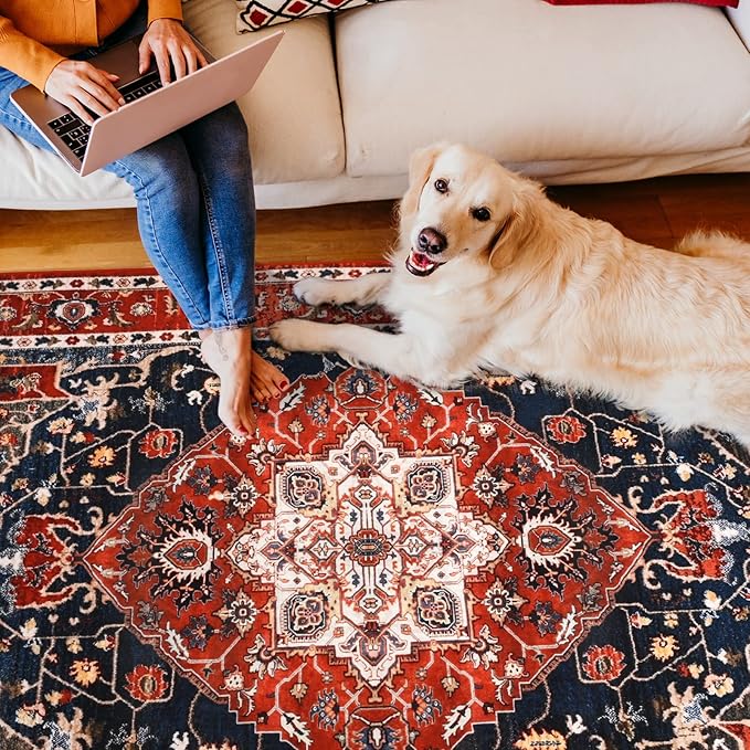 YJ.GWL Large Area Rug for Living Room, 5x7 Machine Washable Boho Rug for Bedroom, Low Pile Lightweight Thin Rugs Floral Vintage Distress Print Pattern Carpet for Dining Room, Red