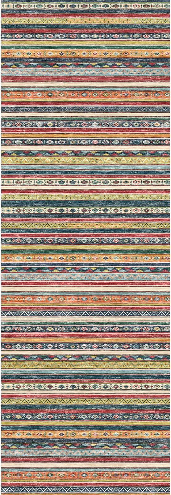 2x6 Runner Rug Washable: Non-Slip Southwestern Striped Carpet for Hallway Kitchen Entry - Farmhouse Low Pile Stain Resistant Long Thin Front Door Mat 2x6 Red/Blue/Multi