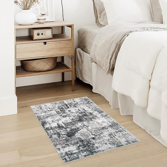 Washable Entryway 2x3 Rugs: Neutral Small Area Rug Abstract Non Slip Modern Indoor Door Mat for Kitchen Bedroom Hallway Office (Black Grey, 2'x3')