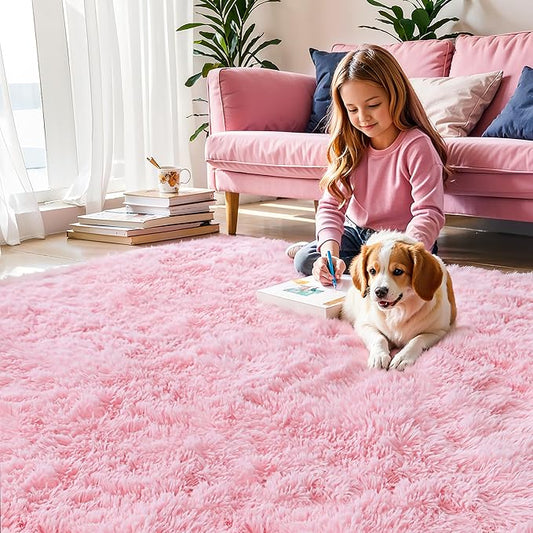 KCHOWUA Pink Fluffy Shag Rugs for Bedroom Girls,4'x6' Machine Washable Soft Shaggy Fuzzy Throw Cute Large Area Rug for Living Room,Modern Pastel Plush Nursery Toddler Kids Dorm Floor Room Carpets