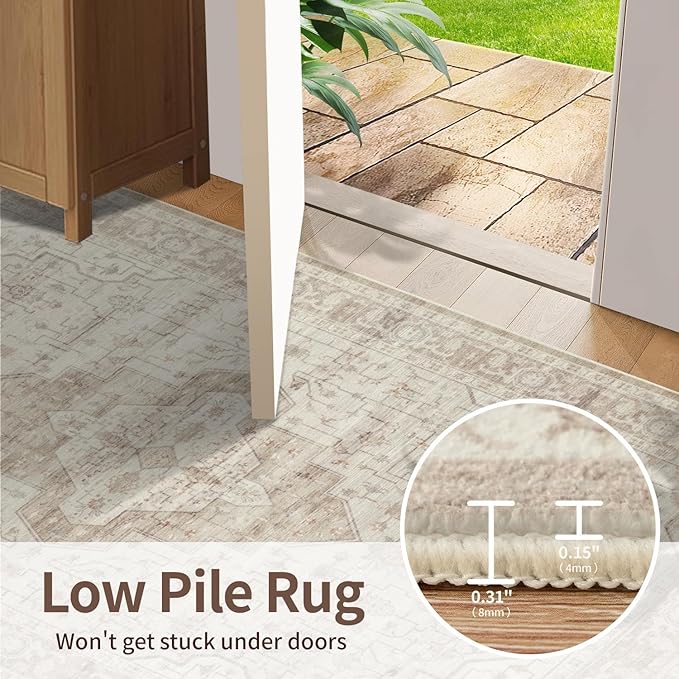 4x6 Washable Area Rug for Living Room, Vintage Neutral Boho Rugs for Office, Dining Room, Kids Room, Farmhouse, Durable Low Pile Non Slip Carpet for High Traffic Areas, Cream