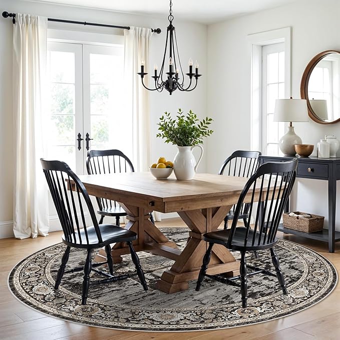 RUUGME Hallway 6ft Round Rugs - Boho Rugs for Living Room Stain Resistant Carpet Vintage Tribal Rugs for Bedroom Kitchen Dining Room with Non Slip Backing Home Decor Floor Decoration Mat 6ft Black