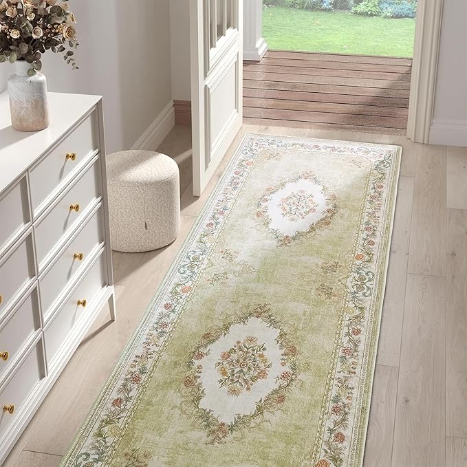 RYB HOME Washable Long Runner Rug 2x8 for Enterway Hallway, Floral Vintage Carpet for Bedroom, Soft Faux Wool Non Slip Rug Runner for Living Room, 2x8 ft, Sage Green