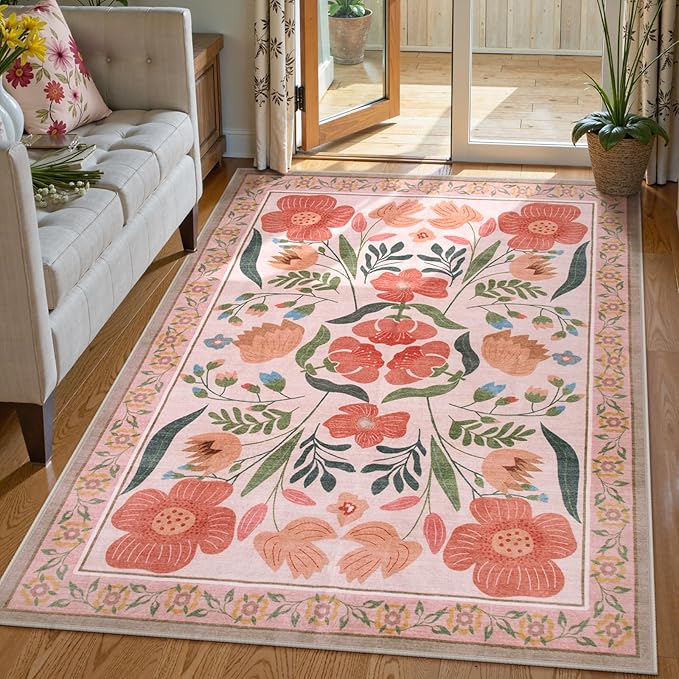 Beeiva Floral Washable Rugs for Living Room, Soft 5x7 Area Rugs Boho Non Slip for Bedroom, Ultra-Thin Low Pile Floor Carpet for Nursery Beige Rug Girl (Beige,5'x7')