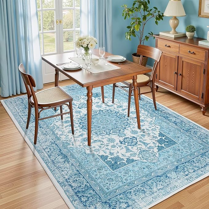 3x5 Area Rug for Bedroom, Machine Washable Rugs with Non-Slip Backing for Living Room, Soft Vintage Carpet Kitchen Laundry Kids Room Decor, Blue & White