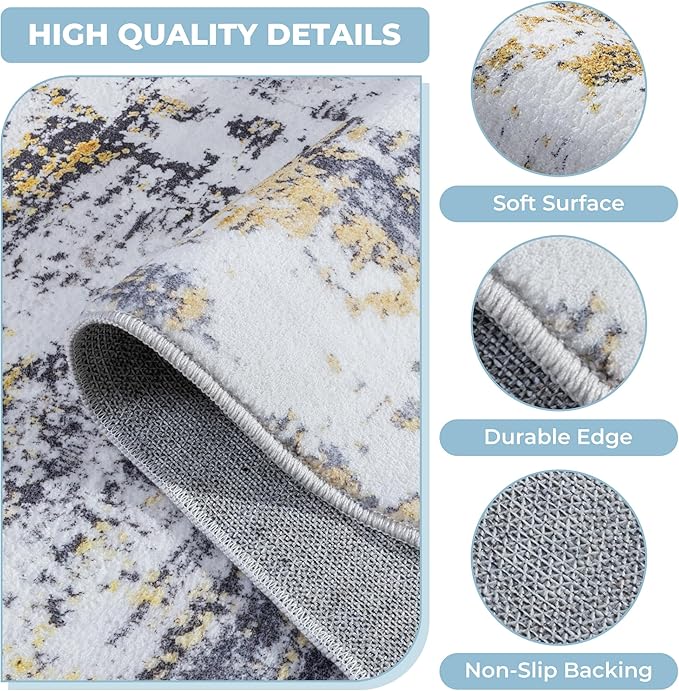 3'x5' Washable Area Rug - Modern Abstract Carpets for Living Room, Bedroom & Dining Room, Stain Resistant, Soft Non-Slip, Machine Washable (Black Gold)