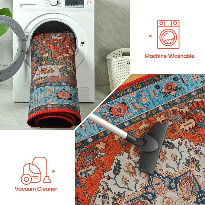 YJ.GWL Area Rug for Living Room, 4x6 Machine Washable Boho Rug for Bedroom, Low Pile Lightweight Thin Rugs Floral Vintage Distress Print Pattern Carpet for Dining Room, Red/Blue