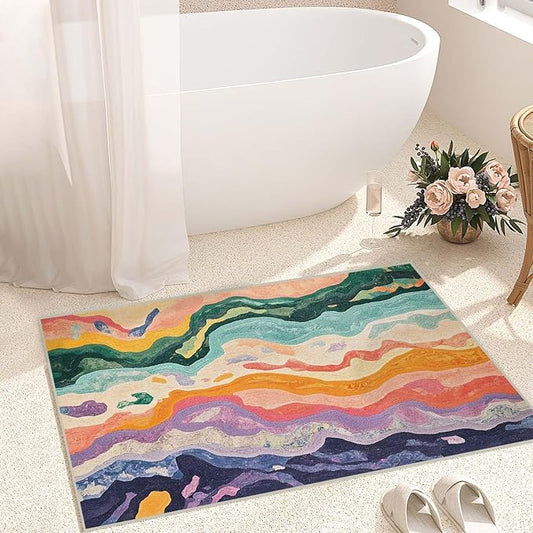 2x3 Entryway Rugs Machine Washable Area Rug Purple Yellow Pink Green Modern Abstract Colorful Rug Non-Slip Low Pile Door Mat Entrance Small Carpet for Home Kitchen Bathroom Bedroom