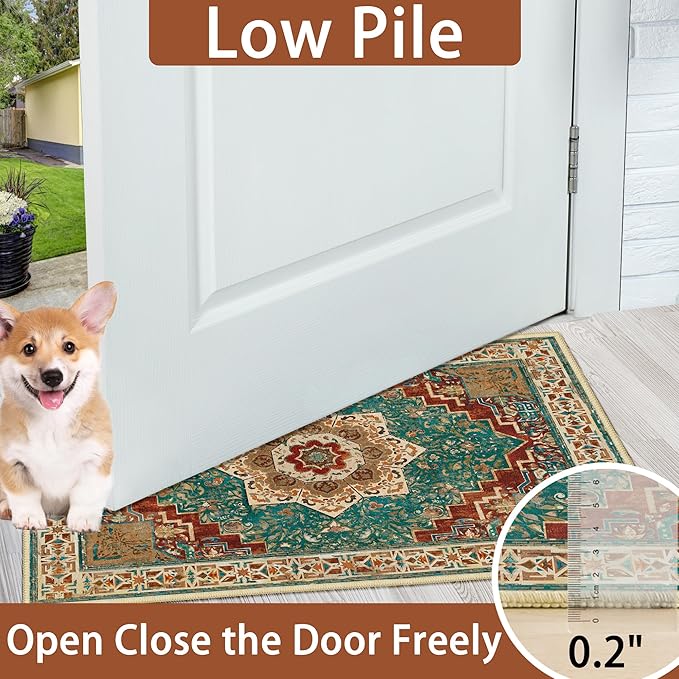 Washable Area Rug 2x3 Boho Entryway Rug Non Slip Small Vintage Rug for Entryway Door Mat Oriental Distressed Low-Pile Teal Rust Floor Carpet for Indoor Front Entrance Kitchen Bathroom Hallway