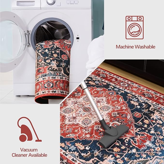 YJ.GWL Doormat Boho Area Rug 2x3, Machine Washable Small Low Pile Lightweight Thin Entryway Rug, Floral Vintage Distress Print Pattern Carpet for Entrance Kitchen Bedroom, Red