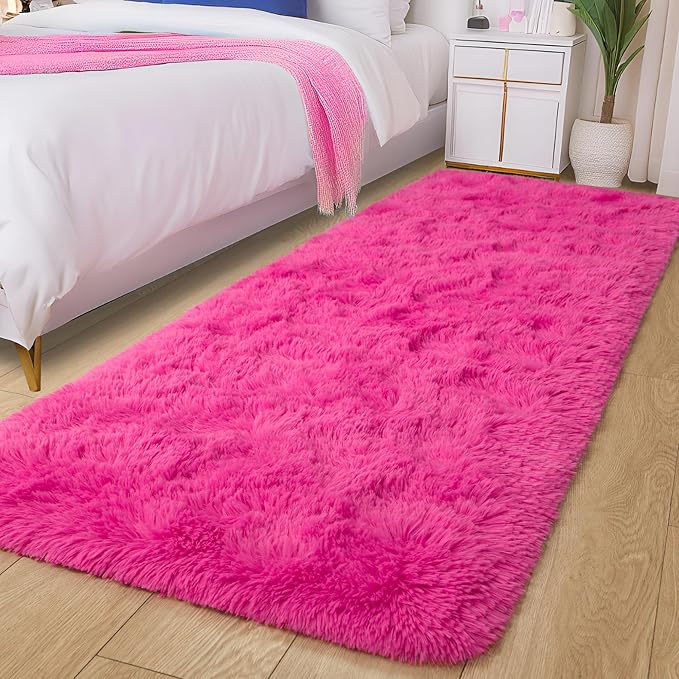 Tepook Soft Runner Rugs for Bedroom 2x6 ft with Rubber Backing, Hot Pink Fluffy Rugs for Living Room, Shag Bedside Rug Fuzzy Plush Carpet for Room, Area Rug for Dorm Nursery Hallway Indoor Home Decor