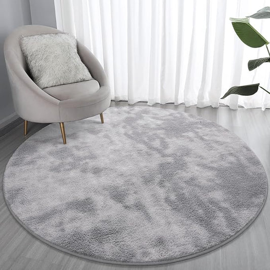 Lascpt Round Rug for Bedroom 6x6, Tie-Dyed Grey Circle Rug for Living Room Super Soft Thicken Memory Foam Circular Rug, Indoor Area Rug for Modern Home Decor, Round Carpet for Nursery Kid's Room