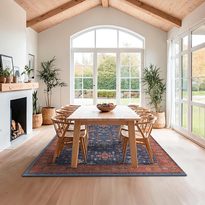 Washable Navy Blue Living Room Rug, 8x10 Area Rug For Bedroom, Dining Room Rugs for Under Table - Low Pile Non-Slip Rubber Backing Stain Resistant Rug - Aethestic Boho Home Decor (8x10 Navy Blue)