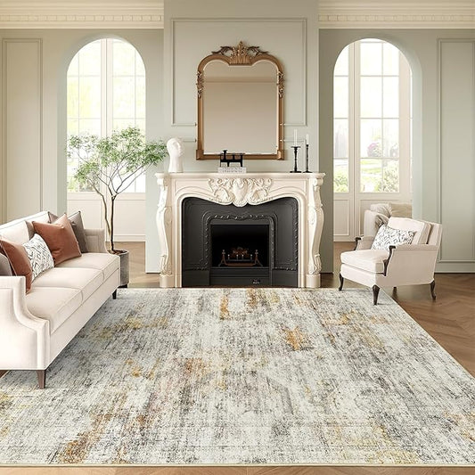 10x14 Area Rugs for Living Room, Non Slip Machine Washable Vintage Rugs, Low Pile Lightweight Large Rug for Bedroom, Dining Room, Home Office Gray Rust