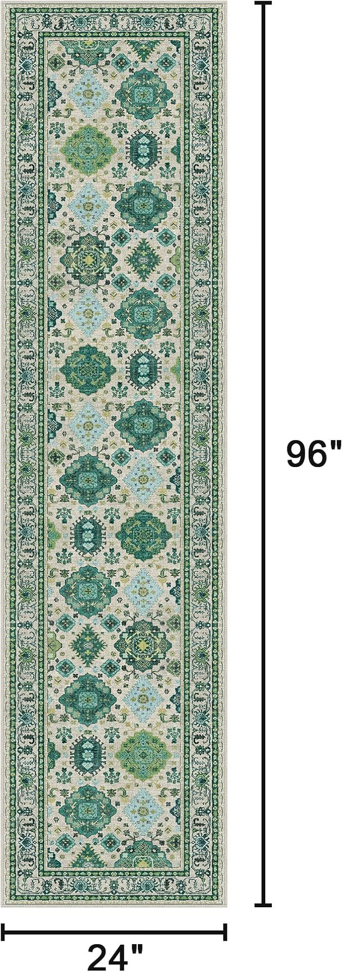 2x8 Runner Rug Non Slip, Machine Washable Rug Runners for Hallways, Vintage Distressed Print Kitchen Runner, Low Pile Lightweight Carpet Runner for Entryway, Laundry, Bedroom, Bathroom Ivory Green