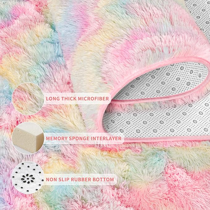 Tepook Soft Rainbow Rug for Girls Room, Cute Fluffy Bedroom Rug, 5x8 Feet Shaggy Princess Colorful Carpet for Kids Teens Toddler Playroom Nursery Reading Nook, Pink