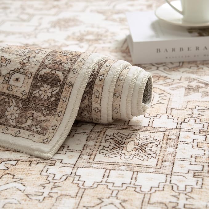 jinchan Area Rug 3x5 Entryway Washable Rug Soft Thin Vintage Low Pile Non Slip Distressed Carpet Indoor Doormat Oriental Medallion Rug for Bedside Bathroom Bedroom Laundry Room Dining Room Taupe Multi