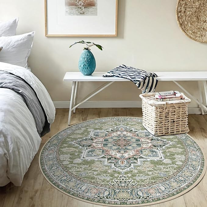 BESTSWEETIE 6ft Area Rugs for Living Room Washable Non Slip Carpet Low Pile Soft Vintage Print Pattern Rug for Bedroom Dining Room Kitchen Entryway Indoor-Green/Light tan/Blue/Grey