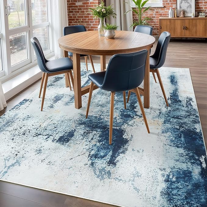 Washable Abstract Rug, 5x7 Modern Area Rugs with Non-Slip Rubber Backed for Living Room, Thin but Soft Contemporary Carpet Kitchen Bedroom Dining Room Decor, Blue White