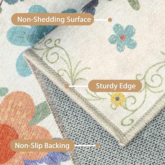 Bavni 4x6 Rugs for Living Room, Lightweight Machine Washable Non Slip Area Rug, Foldable Floral Rugs for Bedroom Dining Room Kids Room, Ultra-Thin Aesthetic Boho Soft White