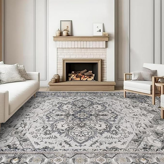 Washable Area Rug 9x12 - Living Room Farmhouse Vintage Oriental Rug Large Distressed Non-Slip Stain Resistant Carpet for Bedroom Dining Room Home Office (9x12 Grey/Blue)