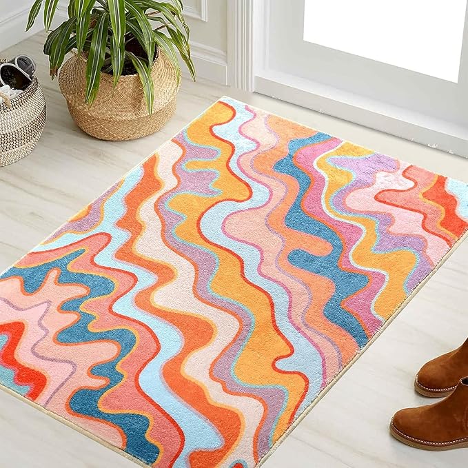 Vintage Abstract Small Area Rug 2x3 Hippie Aesthetic Groovy Striped Cute Bathroom Rug Non-Slip Colorful Orange and Blush Washable Throw Rug for Kitchen Entryway Indoor Doormat