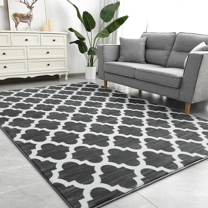 Large 6x9 Geometric Shag Modern Area Rug for Living Room Bedroom, Distressed Moroccan Fluffy Rug Indoor Carpets for Kids Nursery Bedside Room Decor, Memory Foam Shaggy Rugs, Dark Grey/White