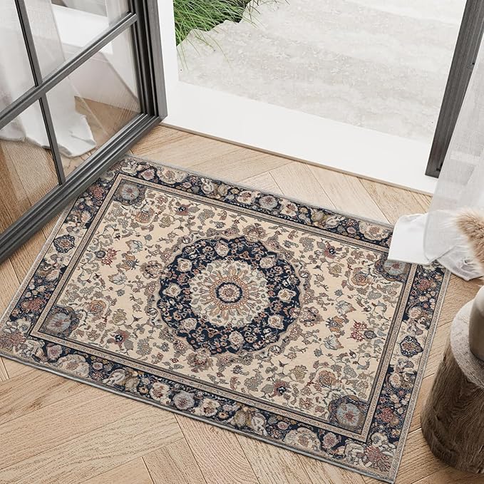 2x3 Boho Rug for Entryway Boho Area Rugs Machine Washable Retro Beige Rug Non Slip Printed Low-Pile Indoor Door Mat Floor Carpet for Kitchen Bathroom Laundry