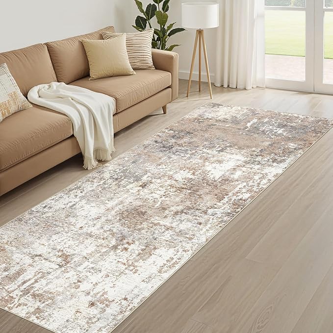 Runner Rug Kitchen Washable Rugs: 3x10 Non-Slip Abstract Soft Modern Stain Resistant Indoor Floor Neutral Accent Throw Carpet for Hallway Bathroom Laundry Room Entryway Bedroom- Brown