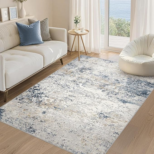 Washable Area Rug: 3x5 ft Abstract Small Rugs for Entryway Kitchen Living Room Bedroom - Non Slip Modern Neutral Carpet Indoor Front Door - Beige Blue