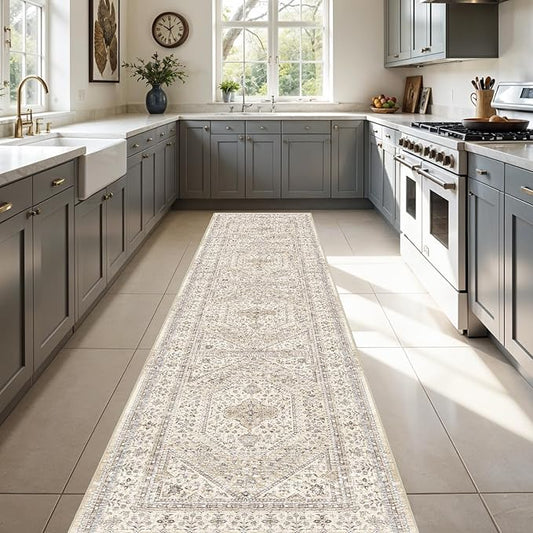 3x12 Runner Rug for Hallway Washable: Non Slip Kitchen Rugs with Rubber Backing Soft Waterproof Mats Stain Resistant Indoor Vintage Carpet Runner for Bedroom Bathroom Laundry Entryway Beige/Gray