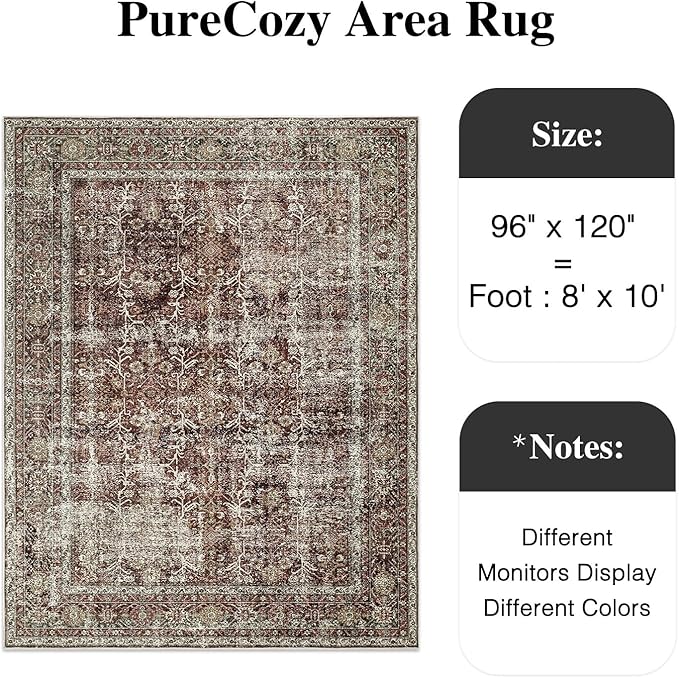 Vintage Area Rug 8x10 Rust Red Washable Living Room Large Carpet Non Slip Bedroom Indoor Office Low Pile Traditional Distressed Retro Accent Rug for Dining Room