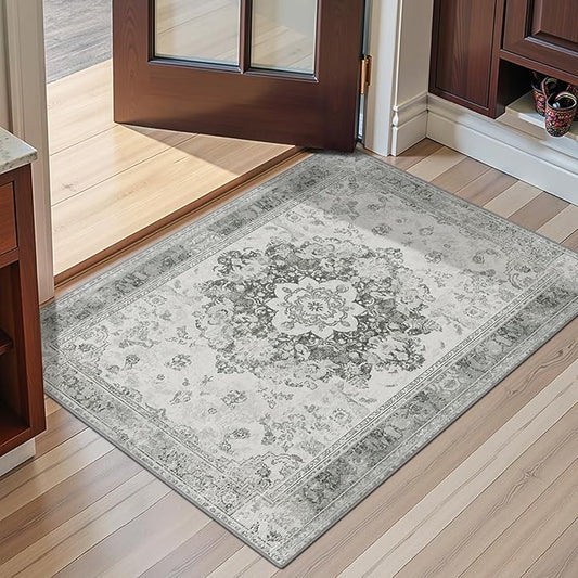 2x3 Machine Washable Non-Slip Area Rug & Mat - Soft Faux Wool & Polyester, Boho Stain-Resistant Indoor Throw Carpet for Entryway, Kitchen, Bathroom, Bedroom, Living, Low Pile, High Traffic
