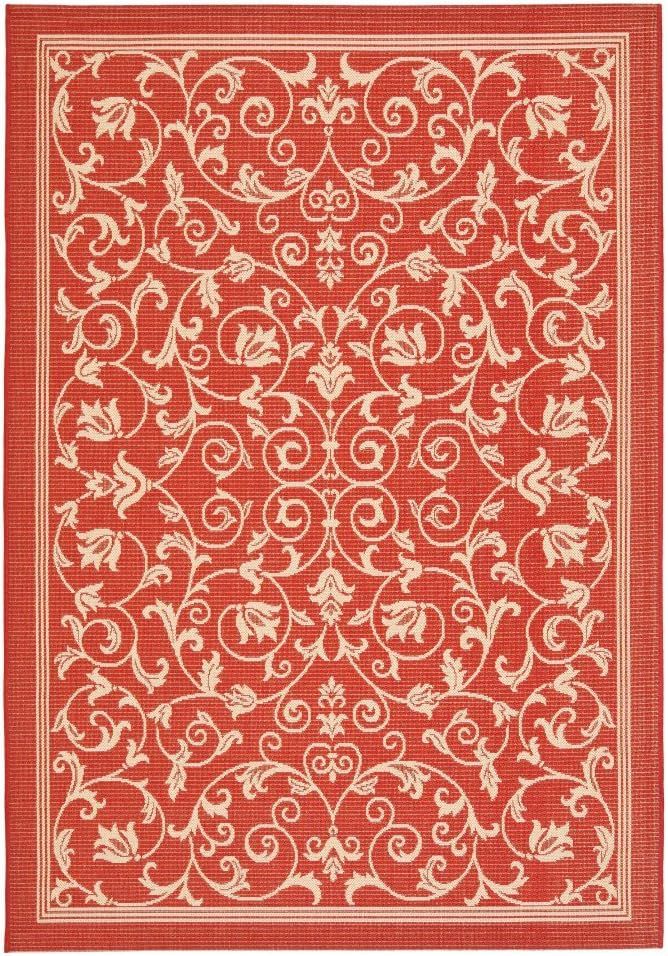 SAFAVIEH Courtyard Collection 5'3" Round Red / Natural CY2098 Scroll Indoor/ Outdoor Waterproof Easy-Cleaning Patio Backyard Mudroom Area-Rug