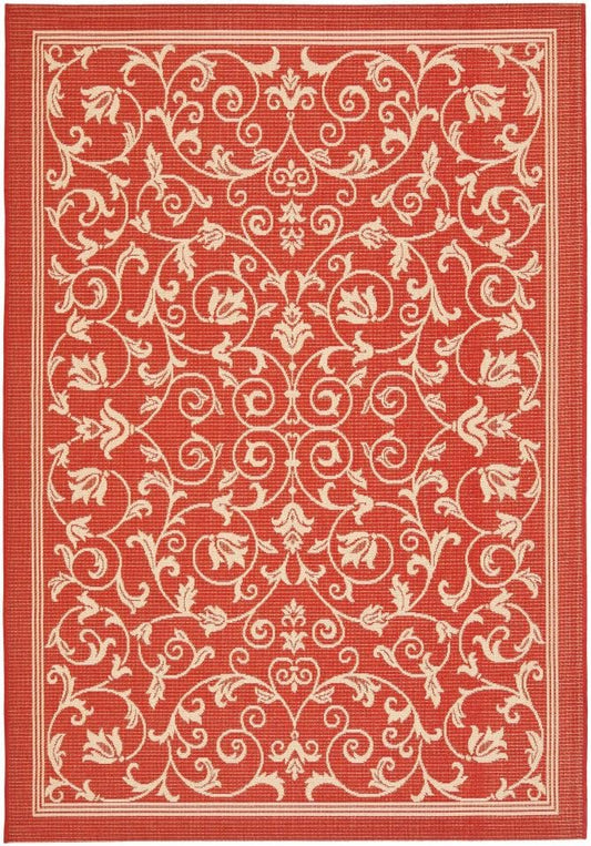 SAFAVIEH Courtyard Collection 5'3" Round Red / Natural CY2098 Scroll Indoor/ Outdoor Waterproof Easy-Cleaning Patio Backyard Mudroom Area-Rug