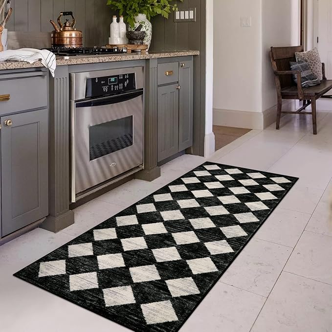 Lahome Moroccan Trellis Runner Rug - 2x6 Washable Black Bathroom Runner Rug Laundry Room Carpet Runner, Modern Soft Non Slip Indoor Floor Accent Mat for Bedside Kitchen Hall Bar Entryway RV