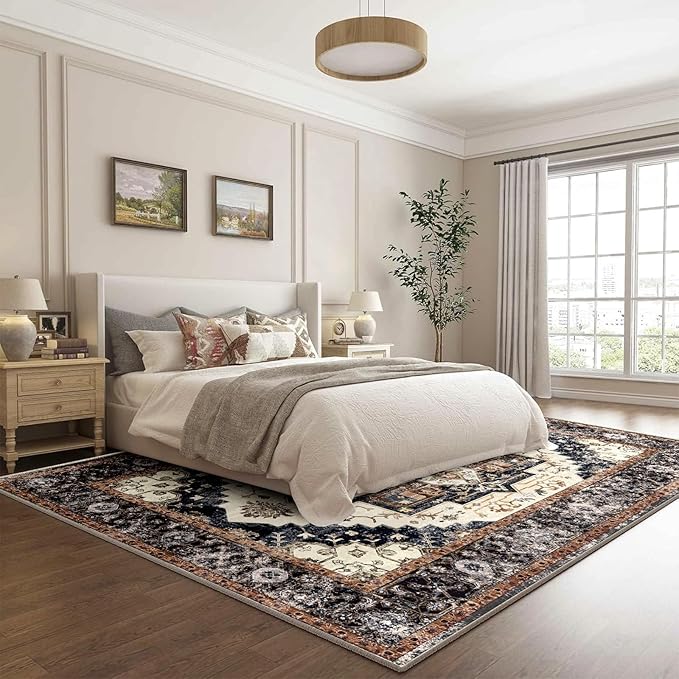 Washable 9x12 Area Rugs, Rugs for Living Room, Low-Pile Water&Stain Resistant Carpet Vintage Distressed Printed Non-Slip Carpet for Bedroom Bathroom Kitchen-Light Yellow/Choco/Brown/Navy Blue