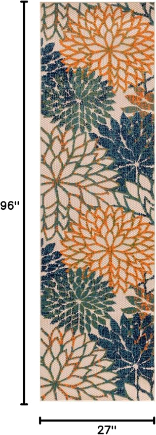 Nourison Aloha Indoor/Outdoor Blue Green 2'3" x 8' Area Rug, Easy Cleaning, Non Shedding, Bed Room, Living Room, Dining Room, Backyard, Deck, Patio (2x8)