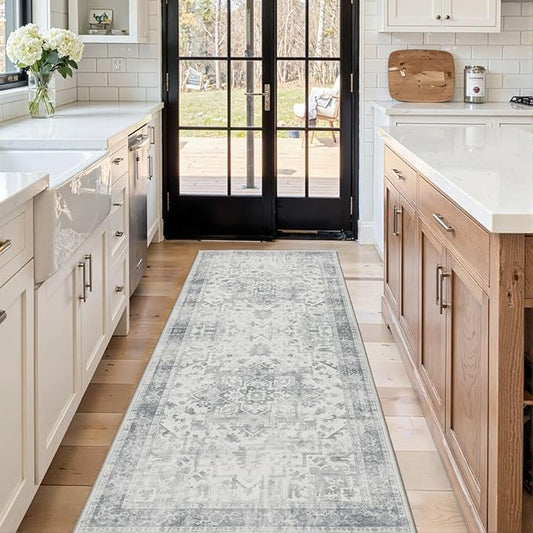 2x5 Hallway Runner Rug, Non Slip Boho Runner Rugs for Hallway, Kitchen, Entrance, Bathroom, Laundry Room, Soft Ultra-Thin Entryway Carpet, Throw Low Pile Retro Imitation Wool Carpet, Grey