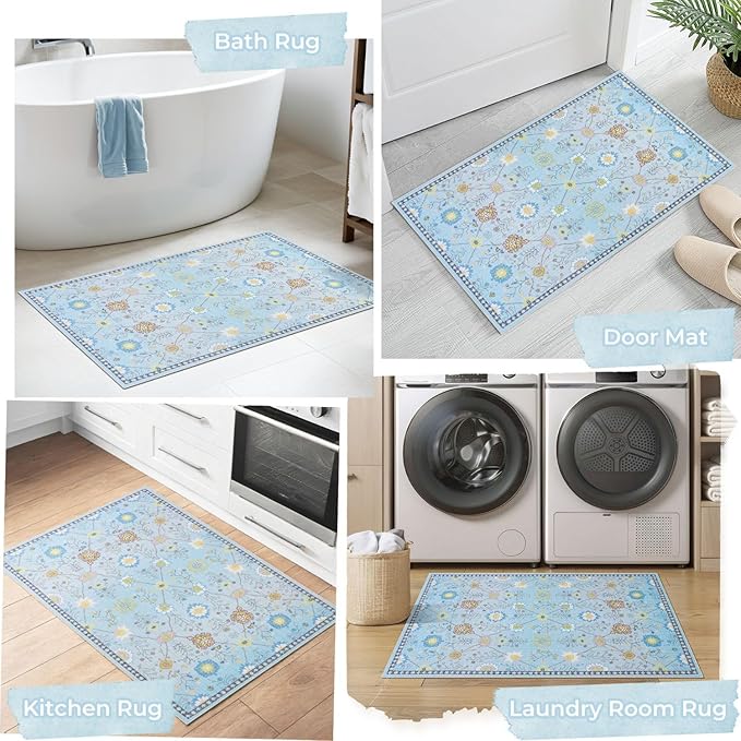 Syalife 3x5 Area Rugs, Non Slip Washable Low Pile Rugs for Living Room, Kitchen, Hallway, Bedroom Bedside, Kids Room, College Dorm (Blue Floral, 3'x5')