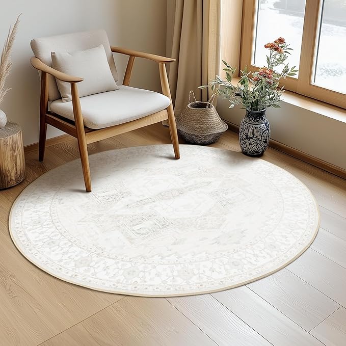 Washable 6ft Area Rugs, Rugs for Living Room, Low-Pile Water&Stain Resistant Carpet Vintage Distressed Printed Non-Slip Carpet for Bedroom Bathroom Kitchen-Cream White