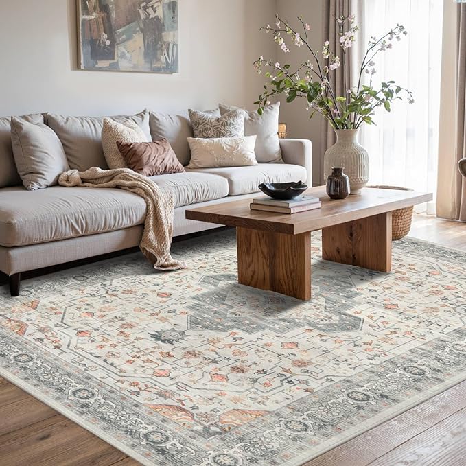 5X7 Washable Area Rug for Living Room, Vintage Neutral Large Boho Rugs for Office, Dining Room, Kids Room, Farmhouse, Low Pile Non Slip Carpet for High Traffic Areas, Taupe