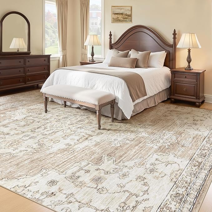 10x14 Area Rugs Washable Rug: Lagre Vintage Living Room Rugs with Non-Slip Backing Low Pile Rug Soft Indoor Floor Carpet Non Shedding Neutral Carpet for Bedroom Dining Room Farmhouse Nursery Beige