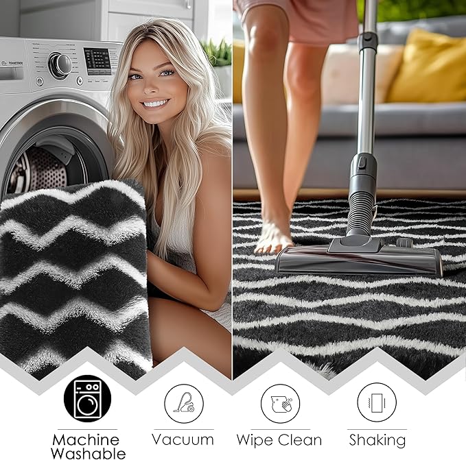 RUGTUDER Soft Fluffy Runner Rug for Bedroom, 2x6 Washable Plush Fuzzy Shaggy Bedside Rugs Black and White Striped Chevron Rugs, Non Slip Long Rug for Living Room Boys Room Kids Nursery Teen Dorm Decor