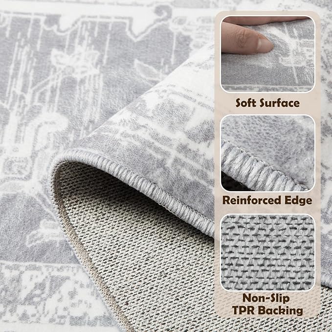 BESTSWEETIE 5x7 Area Rugs for Living Room Washable Non Slip Carpet Low Pile Soft Vintage Print Pattern Rug for Bedroom Dining Room Kitchen Entryway Indoor-Light Grey