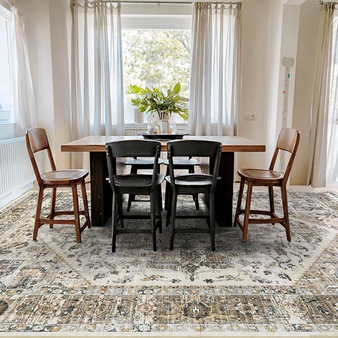 Area Rugs for Living Room 9x12 - Large Machine Washable Vintage Oriental Soft Rug, Low Pile Thin Carpet with Non Slip Backing for Bedroom, Dorm, Under Dining Room Table, Indoor House, Office Decor