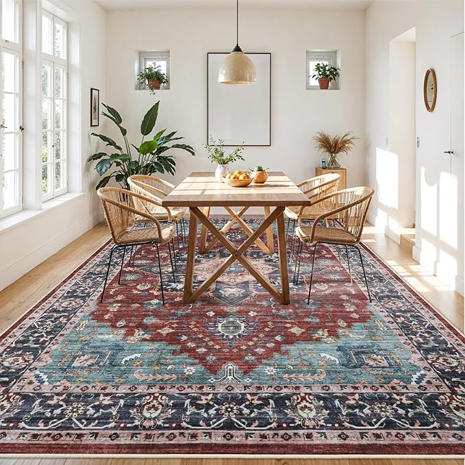 RUUGME Washable 9X12 Area Rugs - Large Boho Rugs for Living Room Stain Resistant Carpet Vintage Tribal Rugs for Bedroom Kitchen Bathroom with Non Slip Backing Home Decor Floor Decoration Mat 9x12 Red