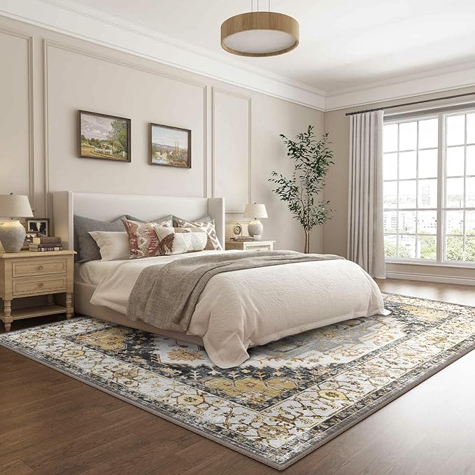 Washable 6x9 Area Rugs, Rugs for Living Room, Low-Pile Water&Stain Resistant Carpet Vintage Distressed Printed Non-Slip Carpet for Bedroom Bathroom Kitchen-Grey Yellow