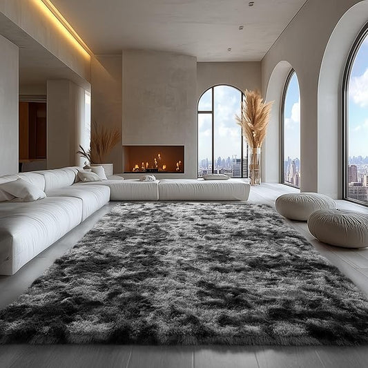 Zentavio Black and Grey Area Rugs for Living Room Large Men Room Carpet 9x12 Bedroom Fluffy Furry Shag Aesthetic Plush High Pile Floor Rug for Kids Room Dorm Home Decor Gray