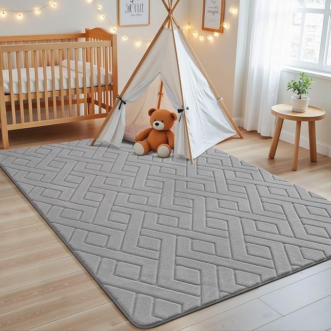 Ultra Soft Grey Area Rug for Bedroom, 3x5 Modern Geometric Shag Rugs with Nonslip Backing for Living Room, Washable Fuzzy Carpet for Cozy Kids Room Nursery